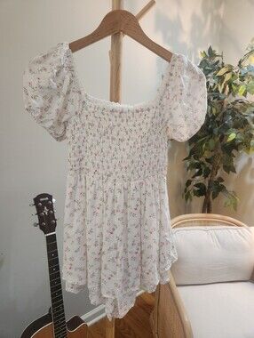 Altar'd State Smocked Puff Sleeve Floral Women’s Romper Dress White Pink Floral